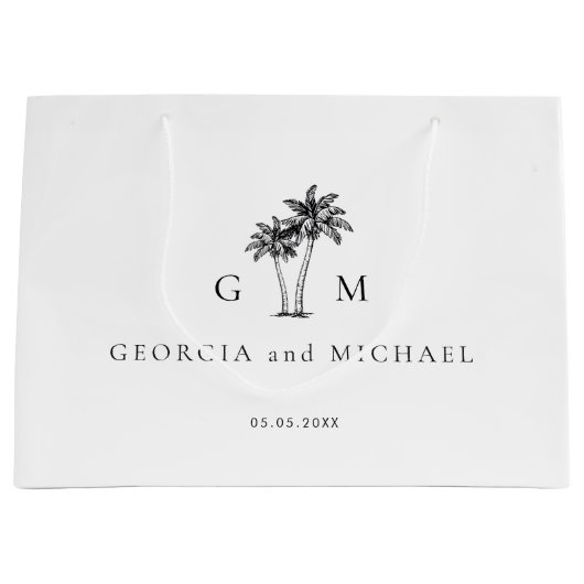 Hand Drawn Palm Tree Monogram Destination Wedding Große Geschenktüte (Vorderseite)
