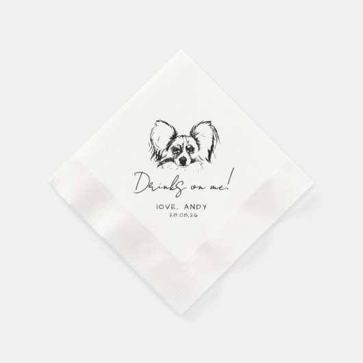 Hand Drawn Papillon Dog Drinks on me Cocktail Serviette (Ecke)