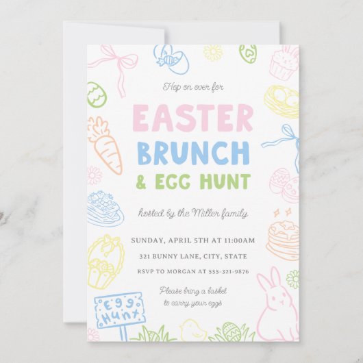 Hand Drawn Pastel Easter Brunch & Egg Hunt Invites (Vorderseite)