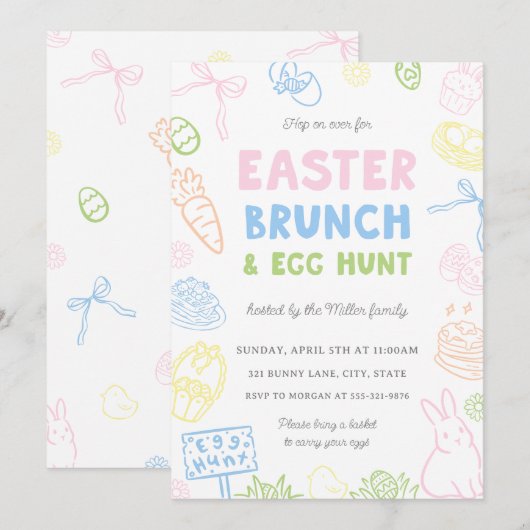 Hand Drawn Pastel Easter Brunch & Egg Hunt Invites (Vorne/Hinten)