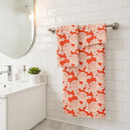 Hand Drawn Peony Floral Coral Red Towel Set