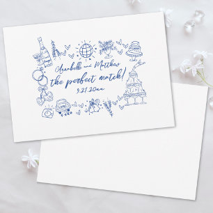 Hand Drawn Perfect Match Blue Whimsical Wedding Einladung