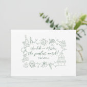 Hand Drawn Perfect Match Green Whimsical Wedding Einladung (Stehend Vorderseite)