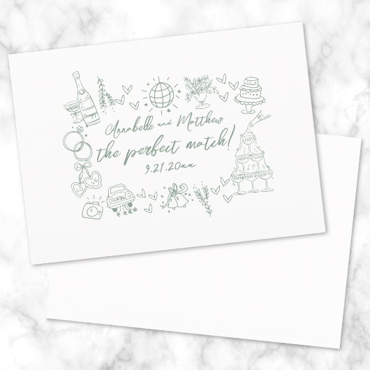 Hand Drawn Perfect Match Green Whimsical Wedding Einladung