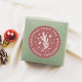 Hand-Drawn Pine & Snow Red Merry Christmas Runder Aufkleber