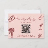 Hand Drawn Pink Burgundy Romantic QR Code Wedding RSVP Karte (Vorderseite)