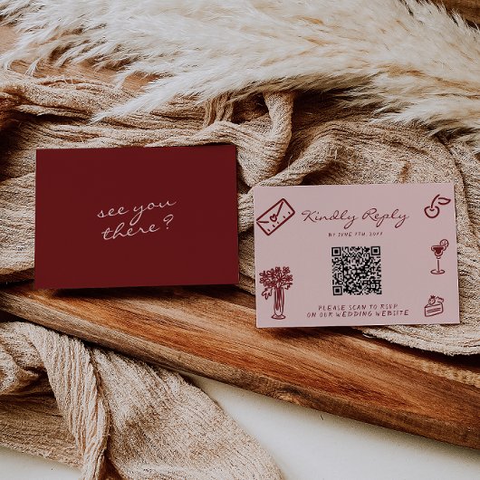 Hand Drawn Pink Burgundy Romantic QR Code Wedding RSVP Karte