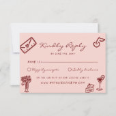 Hand Drawn Pink Burgundy Romantic Wedding RSVP Karte (Vorderseite)