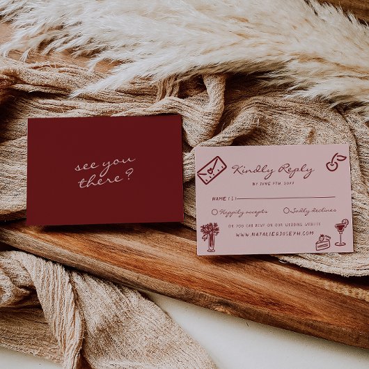 Hand Drawn Pink Burgundy Romantic Wedding RSVP Karte