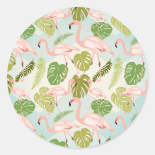 Hand drawn pink Flamingo and monstera leaves. Seam Runder Aufkleber