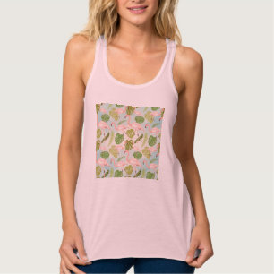 Hand drawn pink Flamingo and monstera leaves. Seam Tank Top