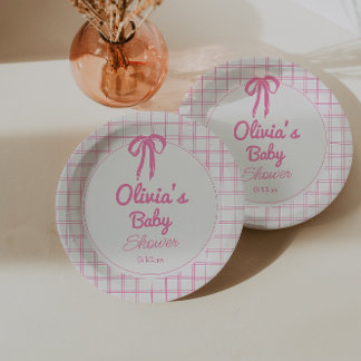 Hand Drawn Pink Gingham Bow Baby Girl Shower Pappteller