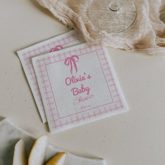 Hand Drawn Pink Gingham Bow Baby Girl Shower Serviette
