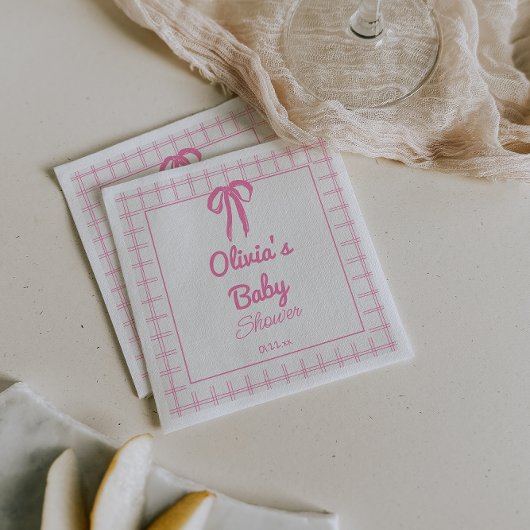 Hand Drawn Pink Gingham Bow Baby Girl Shower Serviette
