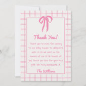 Hand Drawn Pink Gingham Bow Girl Baby Shower Dankeskarte (Vorderseite)