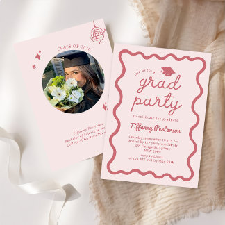 Hand Drawn Pink Graduation Party Invitation Einladung