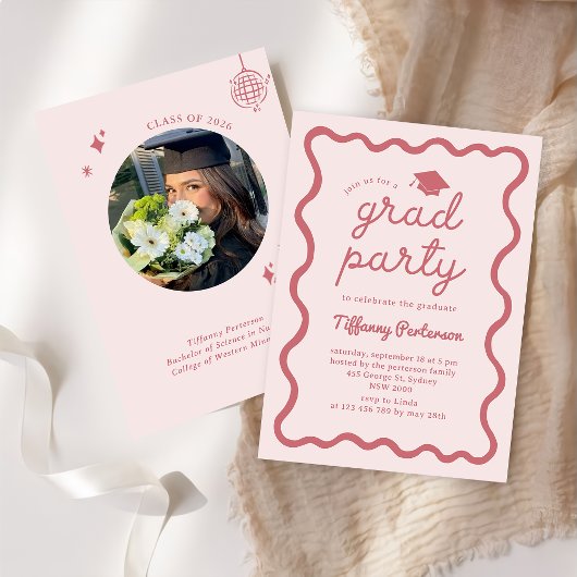 Hand Drawn Pink Graduation Party Invitation Einladung