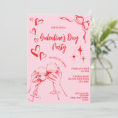 Hand Drawn Pink Red Galentine's Day Cocktail Party Einladung (Stehend Vorderseite)