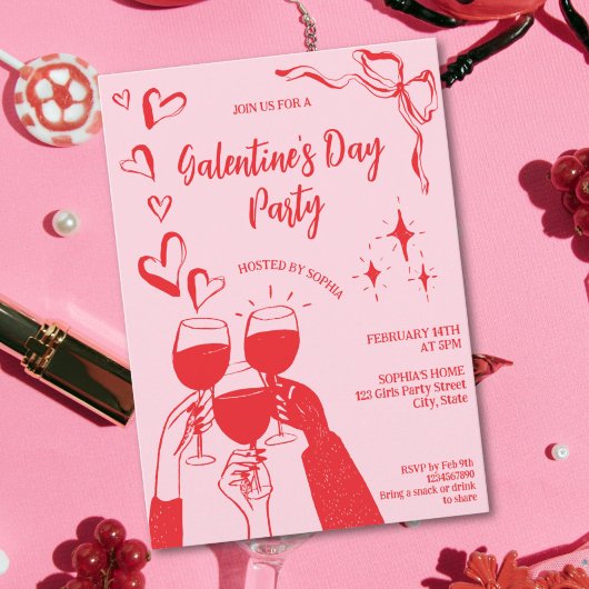 Hand Drawn Pink Red Galentine's Day Cocktail Party Einladung