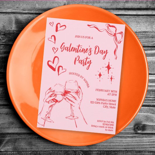 Hand Drawn Pink Red Galentine's Day Cocktail Party Einladung