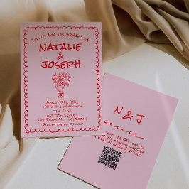 Hand Drawn Pink Red Retro QR Code Wedding Einladung
