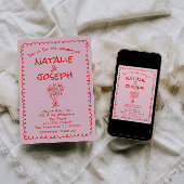 Hand Drawn Pink Red Retro Unique Quirky Wedding Einladung