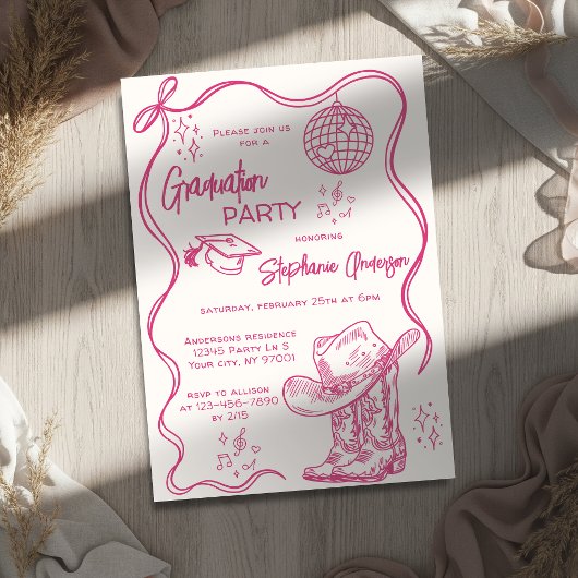 Hand Drawn Pink Western Disco Graduation Party Einladung