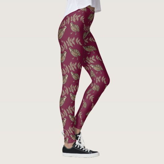 Hand Drawn Quail on Wine Leggings (Rechts)