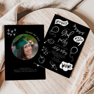 Hand Drawn Quirky Black Graduation Party Einladung