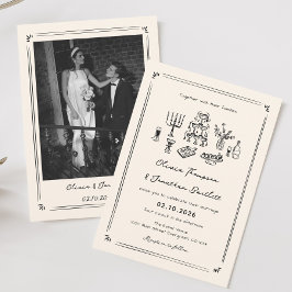 Hand Drawn Quirky Black Old Money Wedding Einladung