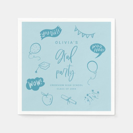 Hand Drawn Quirky Blue Grad Party Serviette (Vorderseite)