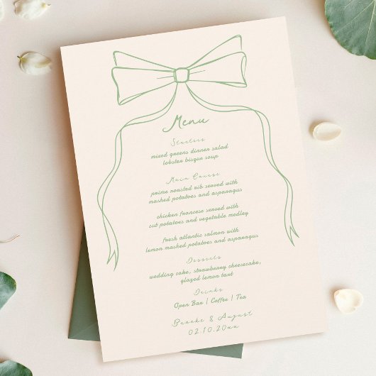 Hand Drawn Quirky Bow Green Wedding Menükarte