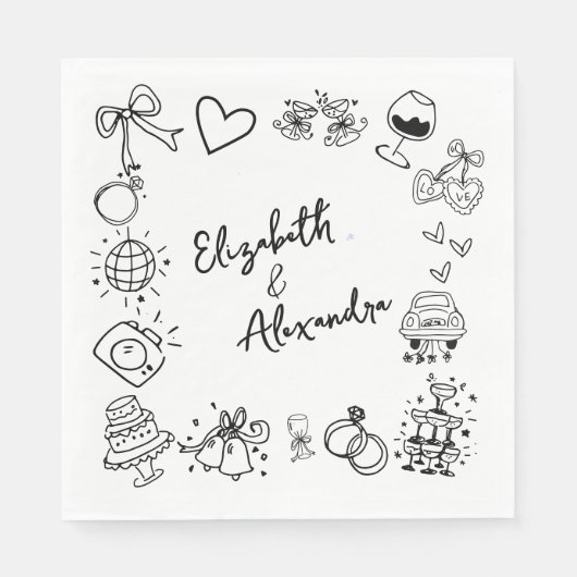 Hand Drawn Quirky French Wedding Serviette (Vorderseite)