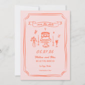 Hand Drawn Quirky Fun Retro Hochzeit Save The Date (Vorderseite)