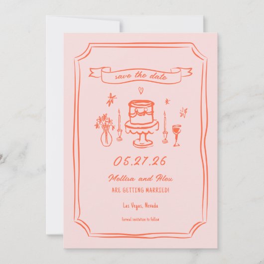 Hand Drawn Quirky Fun Retro Hochzeit Save The Date (Vorderseite)