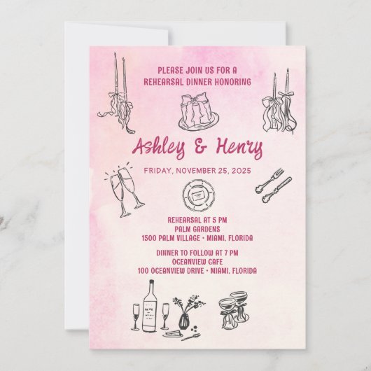 Hand Drawn Quirky Hochzeit Probe Dinner Einladung (Vorderseite)