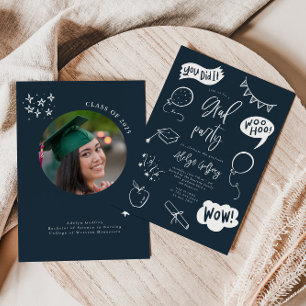 Hand Drawn Quirky Navy Graduation Party Einladung