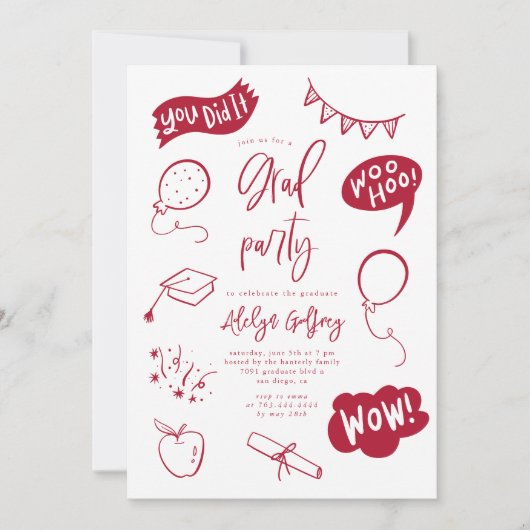 Hand Drawn Quirky Red Graduation Party Einladung (Vorderseite)