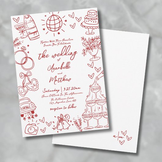 Hand Drawn Quirky Red Whimsical Wedding Einladung