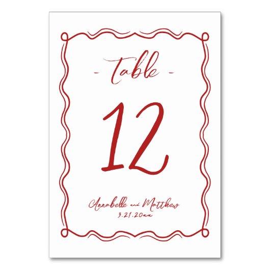 Hand Drawn Quirky Red Whimsical Wedding Tischnummer (Rückseite)