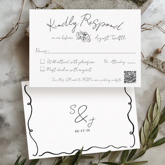 Hand Drawn Quirky Scribble Black & White Wedding RSVP Karte