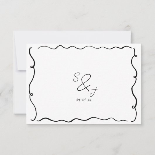 Hand Drawn Quirky Scribble Black & White Wedding RSVP Karte (Vorderseite)