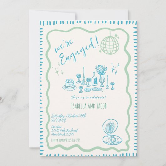 Hand Drawn Quirky Wavy Engagement Party Einladung (Vorderseite)