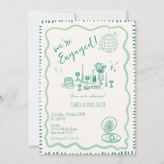 Hand Drawn Quirky Wavy Engagement Party Einladung (Vorderseite)