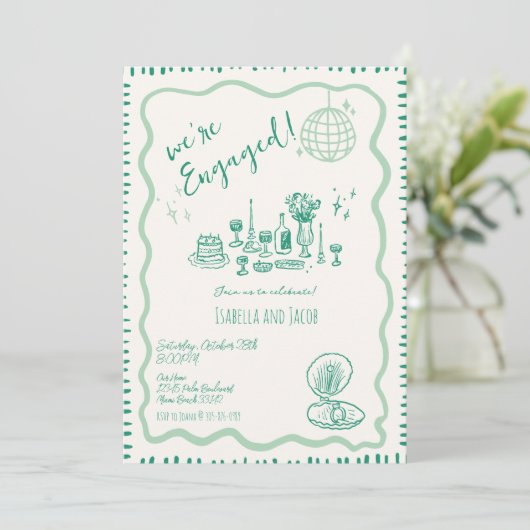 Hand Drawn Quirky Wavy Engagement Party Einladung (Stehend Vorderseite)