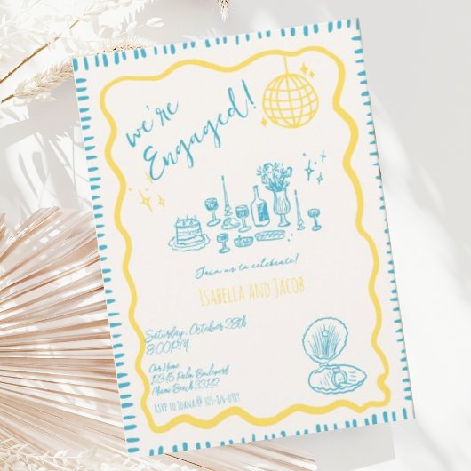 Hand Drawn Quirky Wavy Engagement Party Einladung