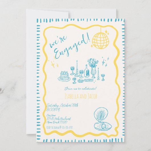 Hand Drawn Quirky Wavy Engagement Party Einladung (Vorderseite)