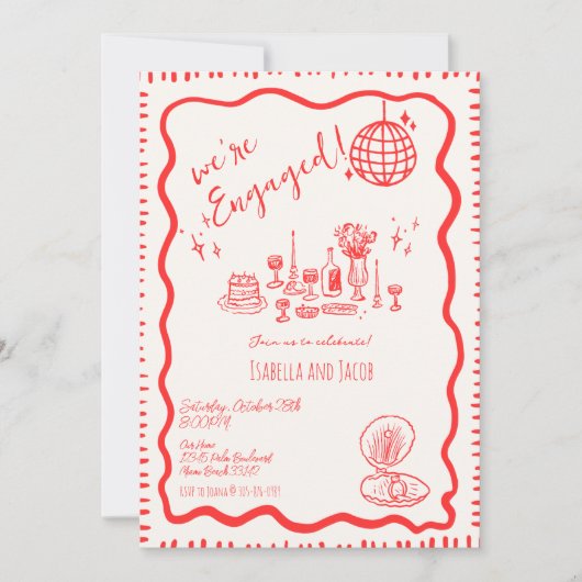 Hand Drawn Quirky Wavy Engagement Party Einladung (Vorderseite)