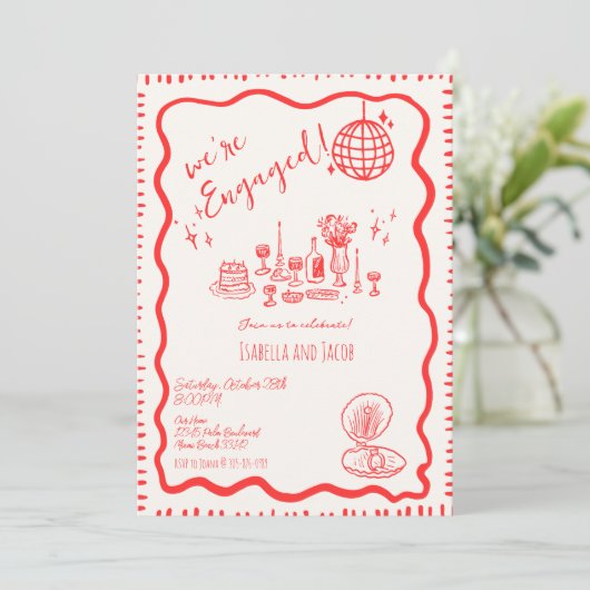 Hand Drawn Quirky Wavy Engagement Party Einladung (Stehend Vorderseite)