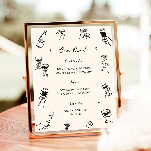 Hand Drawn Quirky Wedding Cin Cin Bar Poster